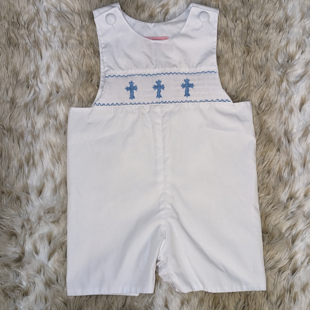 Sassy Lil Sprout White & Blue Cross Smocked Overall Romper size 24 months